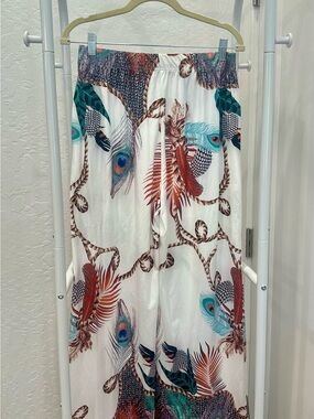 White Boho Wide-Leg Pants with Peacock Feather Print XL